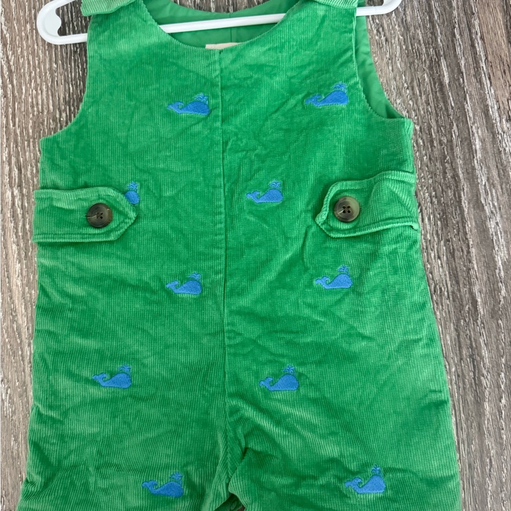 Green Corduroy Jon Jon  with Blue Whale Embroidery 6-12m